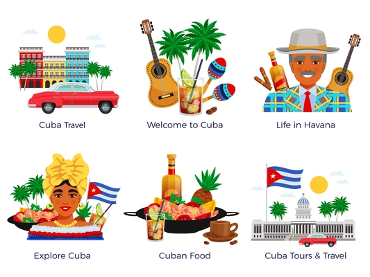 Cuba travel icons set with food and music symbols flat isolated vector illustration