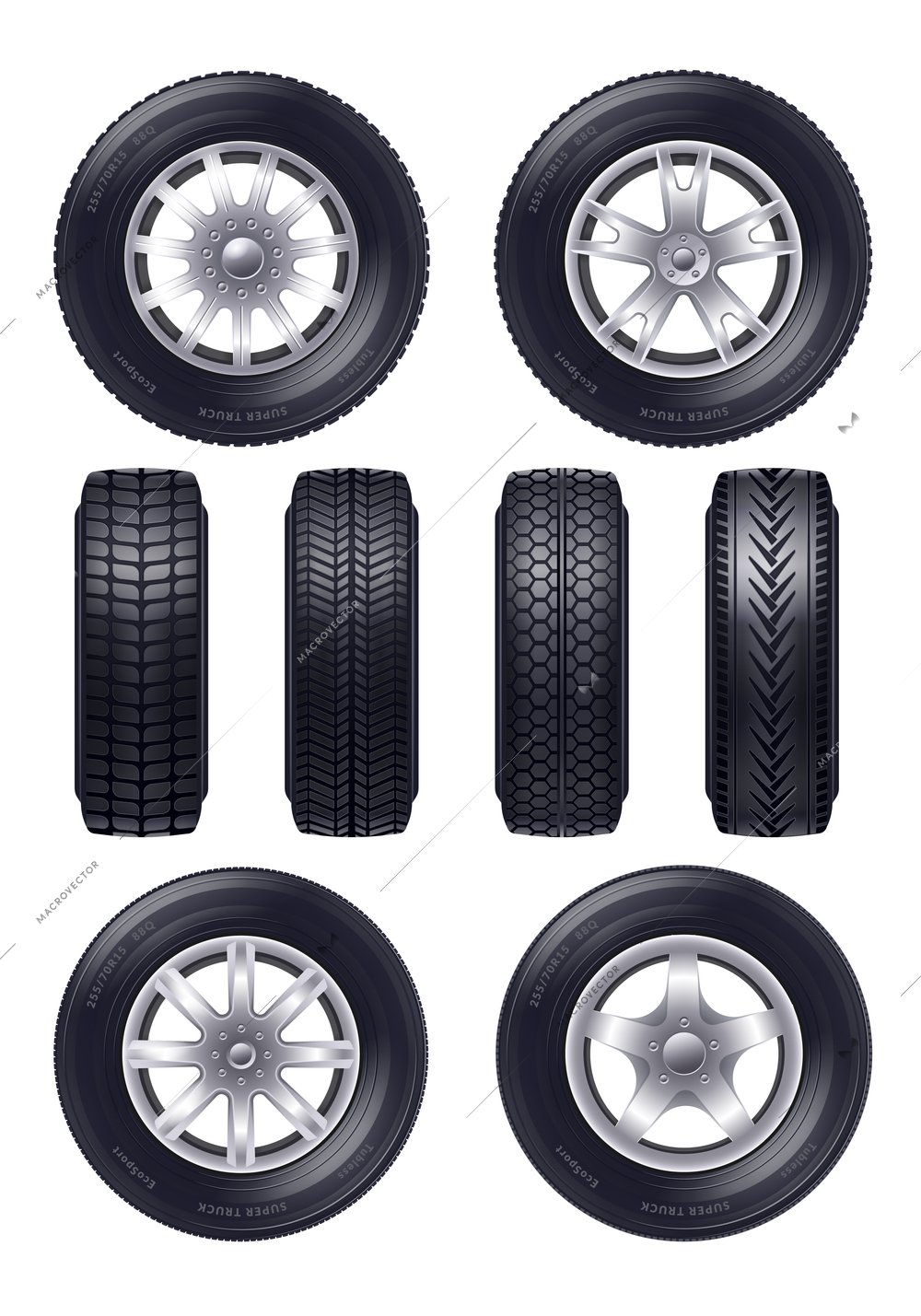 Set of realistic car wheels with various design of rim profile and front view isolated vector illustration