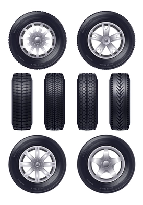 Set of realistic car wheels with various design of rim profile and front view isolated vector illustration