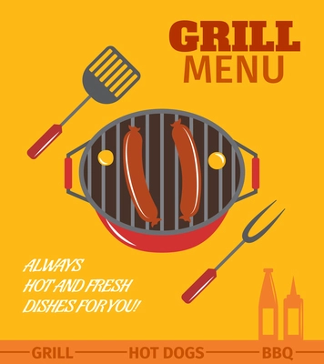 Bbq grill menu restaurant always hot and fresh dishes poster vector illustration