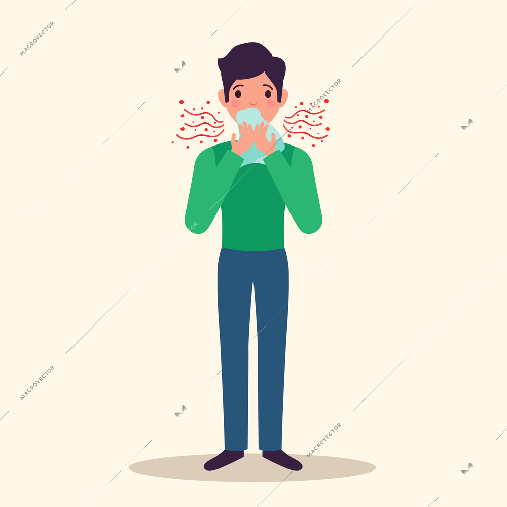 Allergy character sneezing concept with  symptoms symbols flat vector illustration