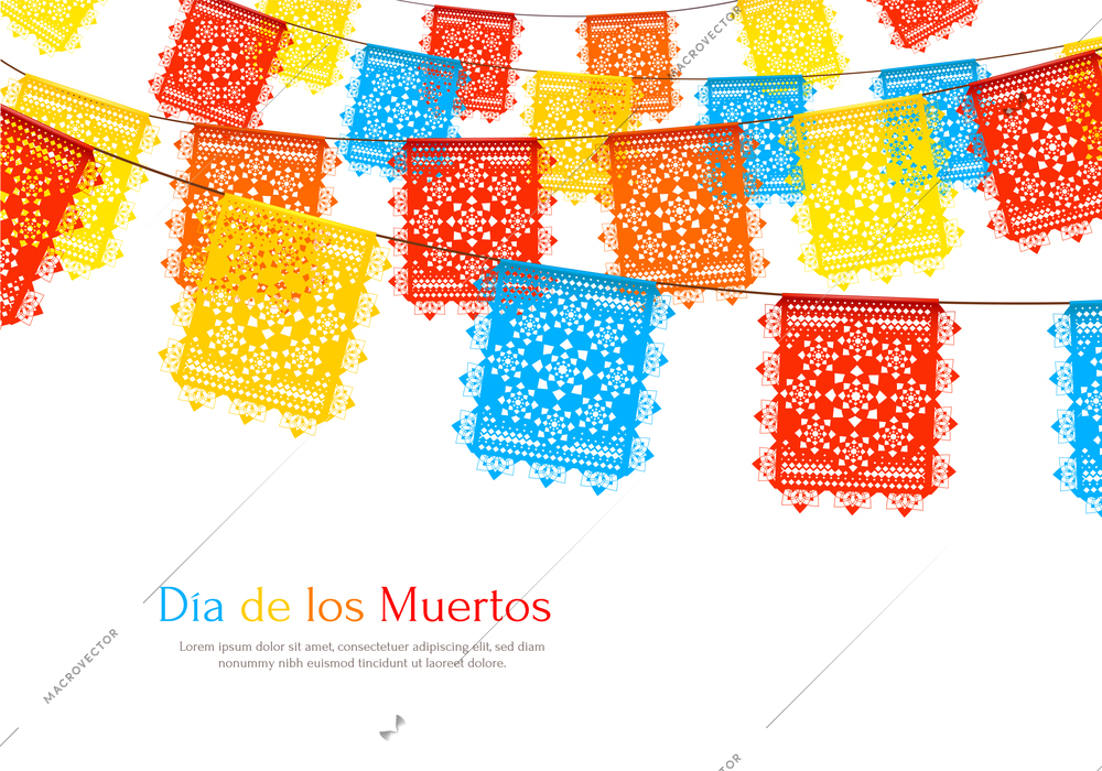 Day of dead as mexican ethnic holiday realistic background with garlands of paper cut party flags vector illustration