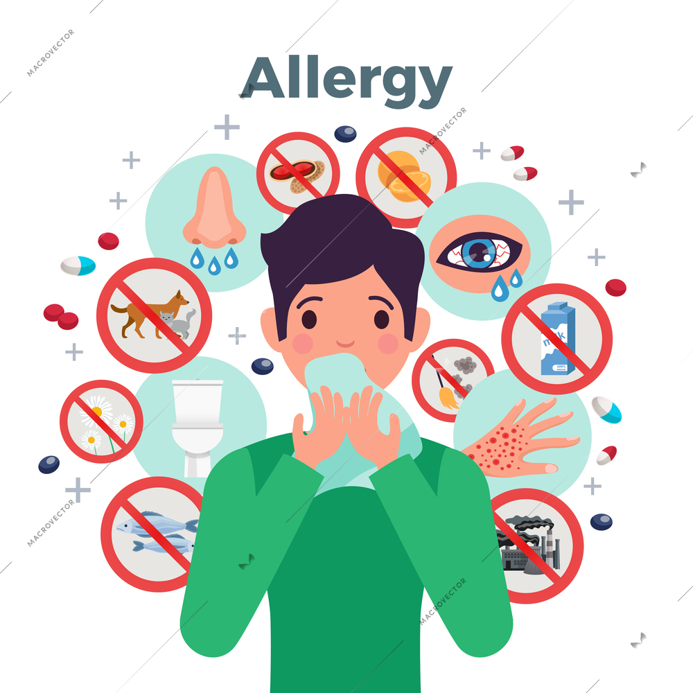 Allergy concept with risk factors and symptoms symbols flat vector illustration