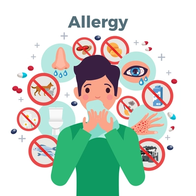 Allergy concept with risk factors and symptoms symbols flat vector illustration