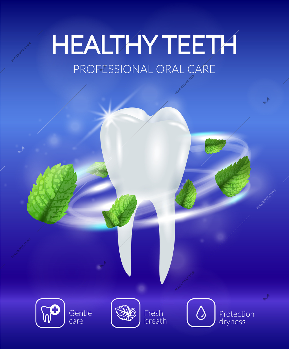 Dental poster with realistic healthy tooth in swirl of mint leaves on blurred blue background vector illustration
