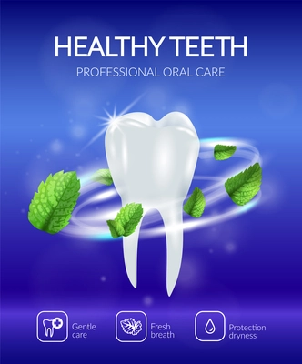 Dental poster with realistic healthy tooth in swirl of mint leaves on blurred blue background vector illustration