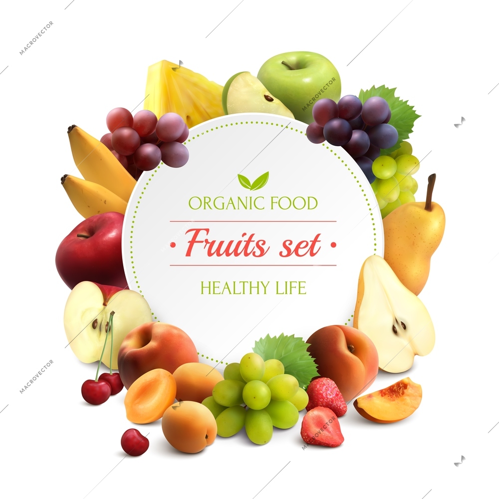 Organic food colorful background with fruits frame and round place for text realistic vector illustration