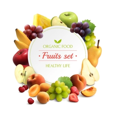 Organic food colorful background with fruits frame and round place for text realistic vector illustration