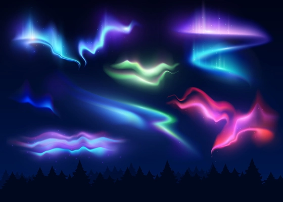 Northern lights realistic set of polar phenomenon with different shapes and colors vector illustration