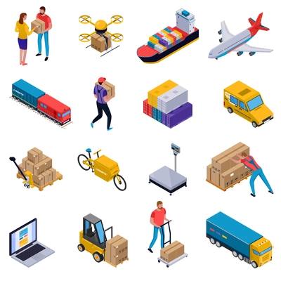 Isometric colorful set of icons with delivery transport loaders and couriers at work isolated on white background 3d vector illustration