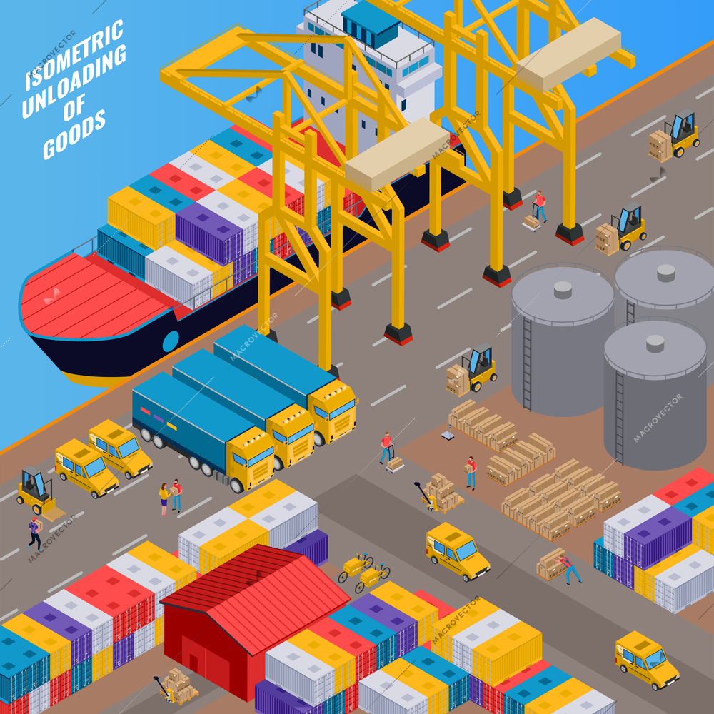 Delivery and unloading of goods process from cargo ship 3d isometric vector illustration