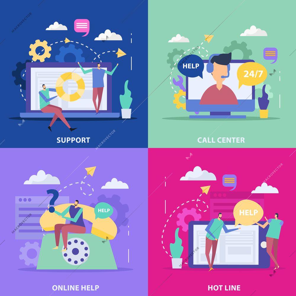 Client support service flat design concept with call center hot line and online help isolated vector illustration