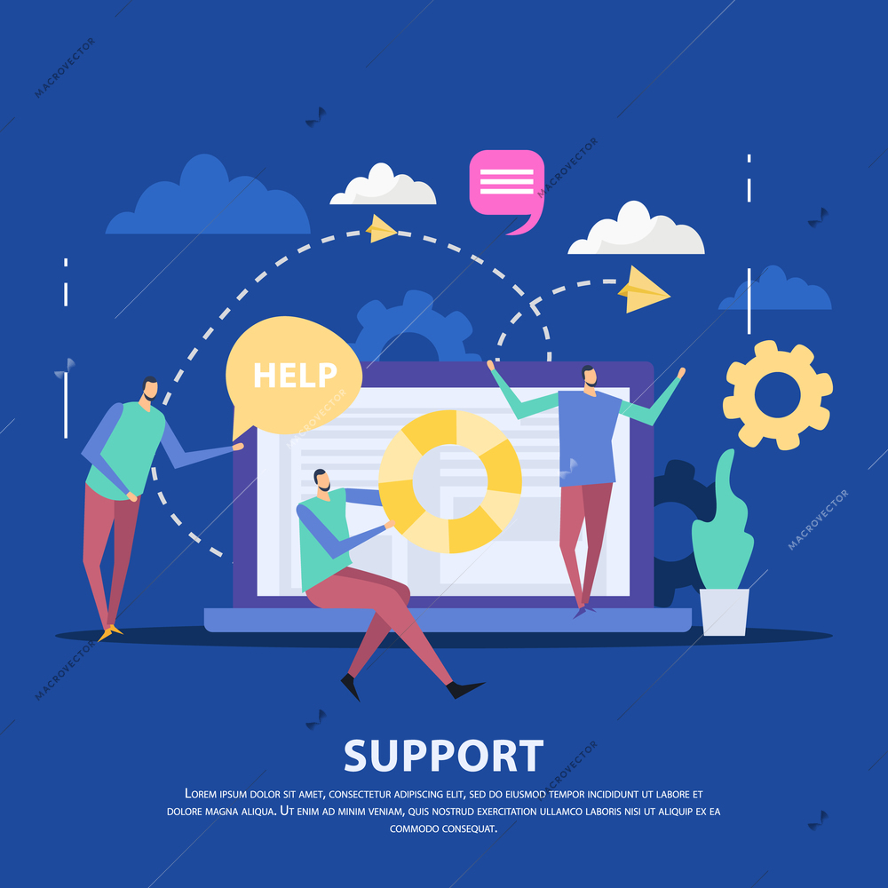 Specialists of customer support center and laptop as communication device on blue background flat vector illustration