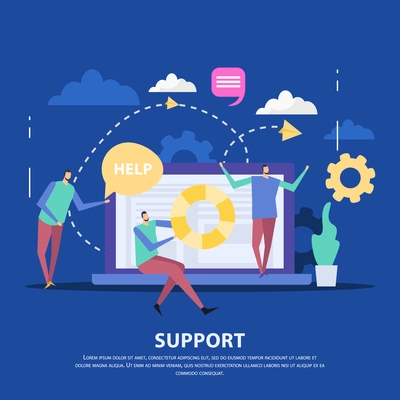 Specialists of customer support center and laptop as communication device on blue background flat vector illustration