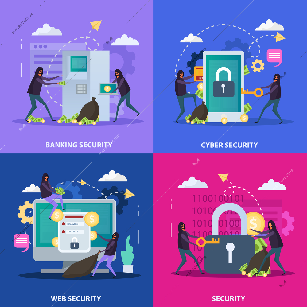 Cyber security flat design concept protection of banking equipment and web services isolated vector illustration