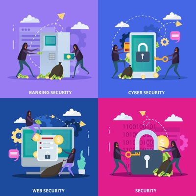 Cyber security flat design concept protection of banking equipment and web services isolated vector illustration