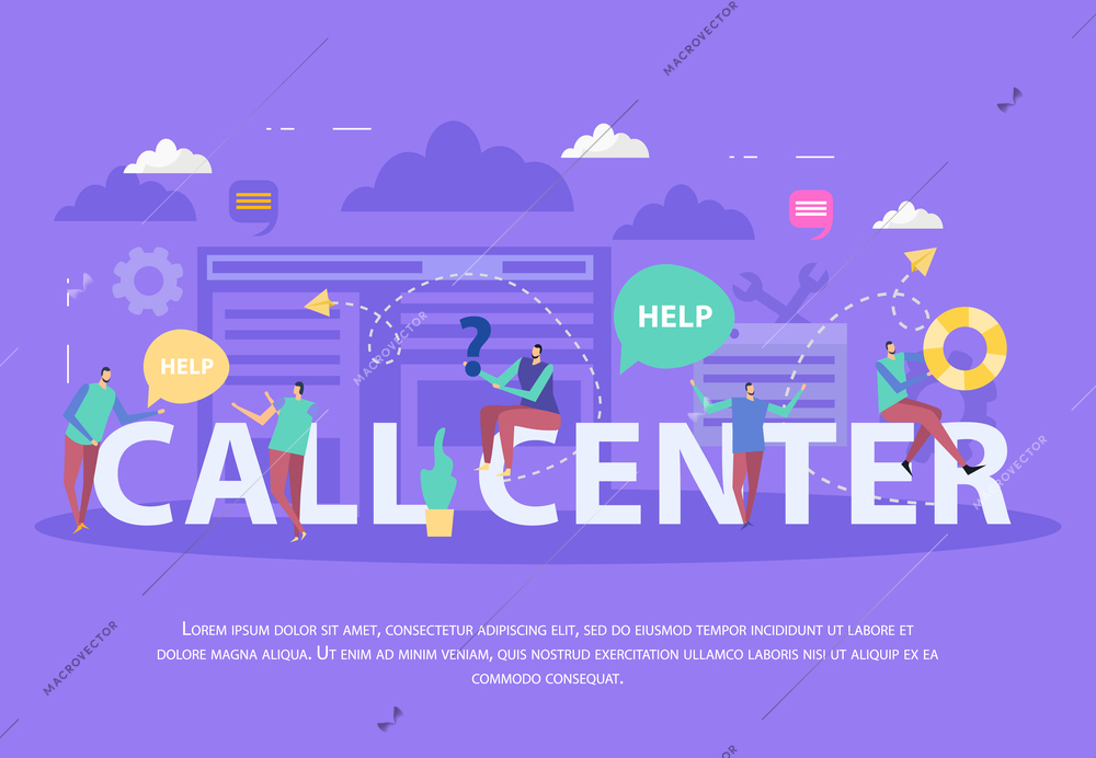 Specialists of call center speech bubbles and white typographic lettering flat composition on lilac background vector illustration