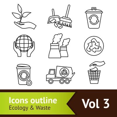 Ecology and waste outline icons set of dustpan brush globe isolated vector illustration