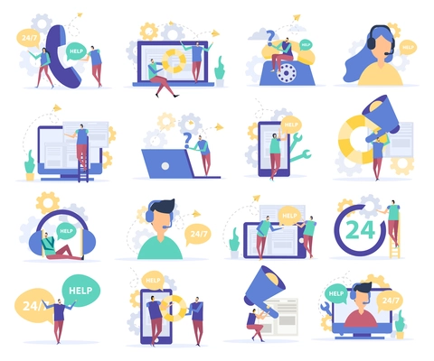 Customer support set of flat icons with operators of call center and communication devices isolated vector illustration