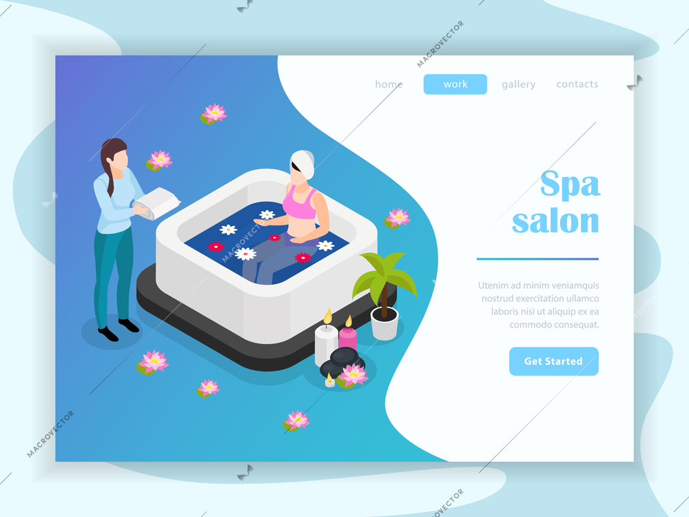 Water procedure in spa salon isometric landing page of web site with buttons menu vector illustration