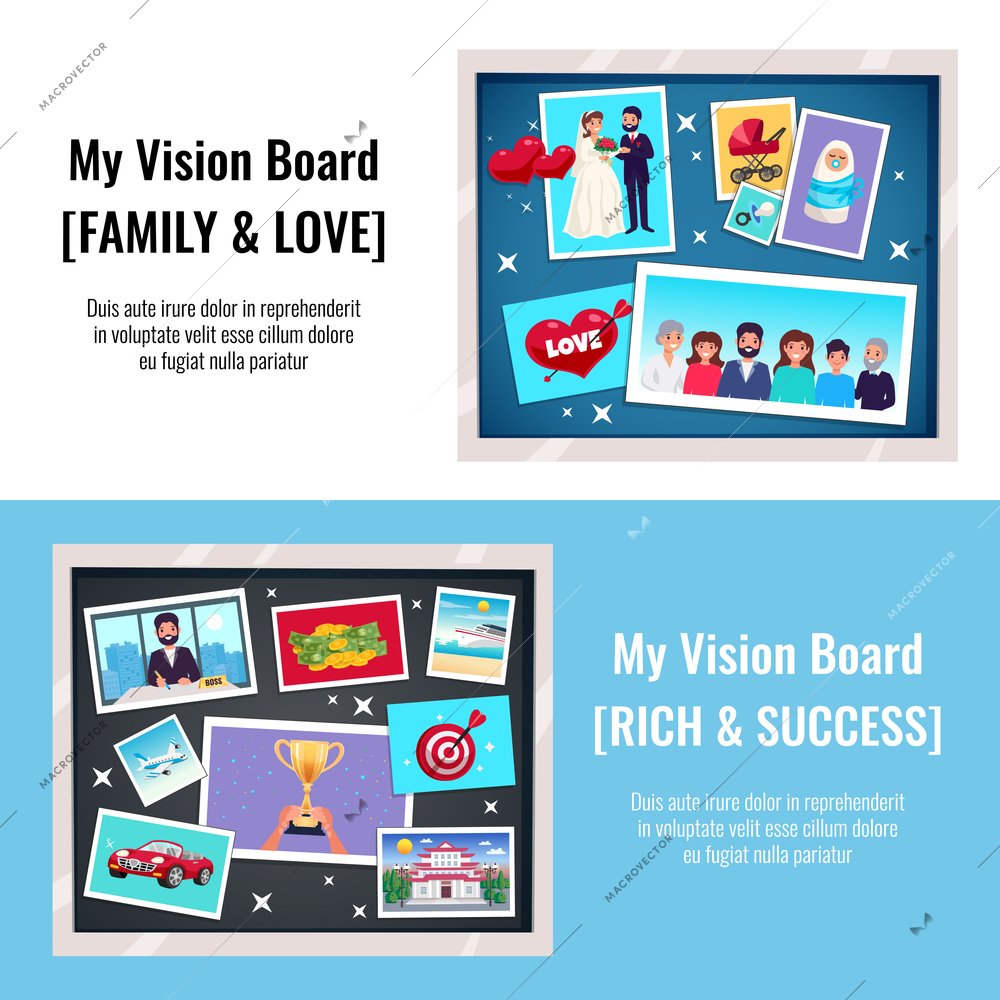 Dreams vision board horizontal banners set with success and love symbols flat isolated vector illustration