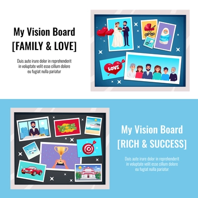 Dreams vision board horizontal banners set with success and love symbols flat isolated vector illustration