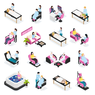 Beauty salon set of isometric icons cosmetic procedures manicure and barber services isolated vector illustration