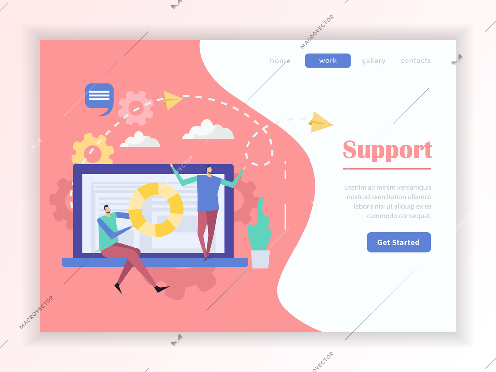 Customer support service online help web landing page with buttons menu on colorful background flat vector illustration