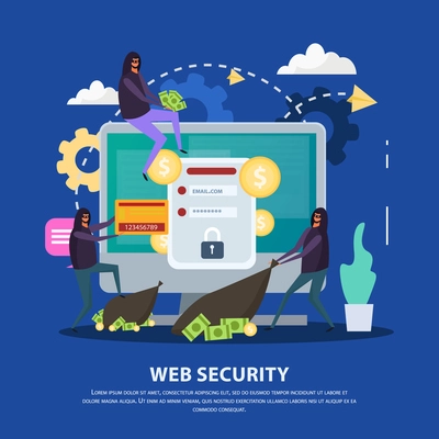 Web security flat composition hacker attacks and monitor with protection of account on blue background vector illustration