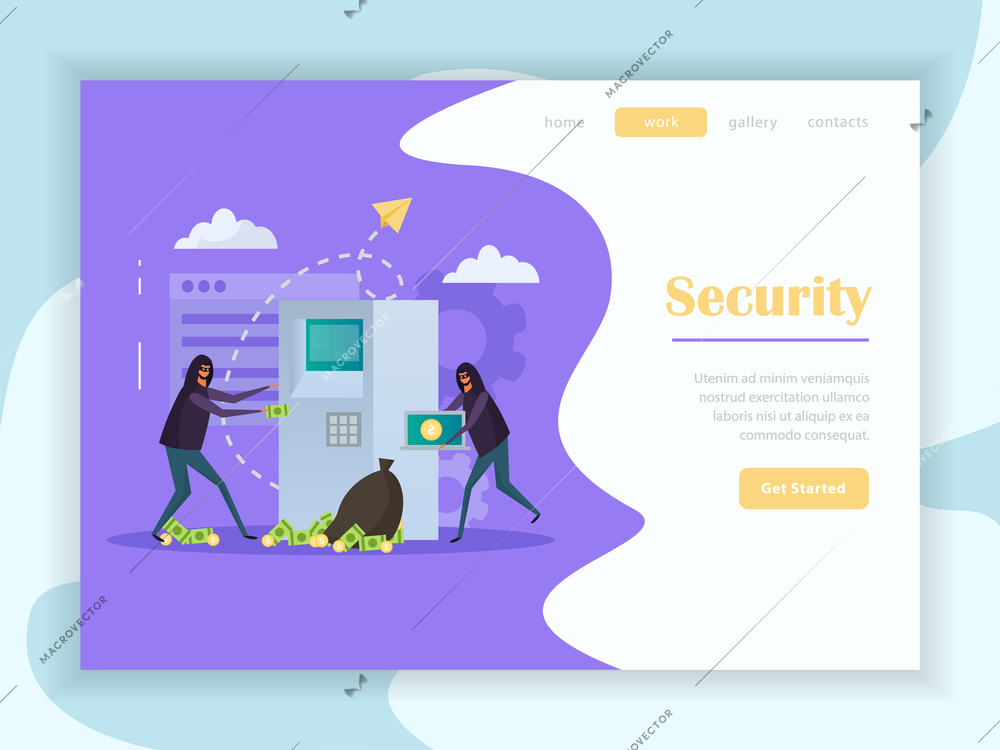 Cyber security flat web landing page with buttons menu and hackers during atm robbery vector illustration