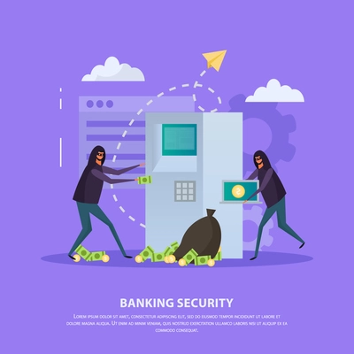 Banking security flat composition with hackers during atm robbery on violet background vector illustration