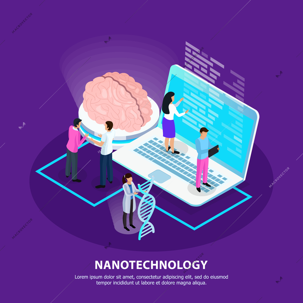 Scientists and development of nano technology for medicine on purple gradient background isometric vector illustration