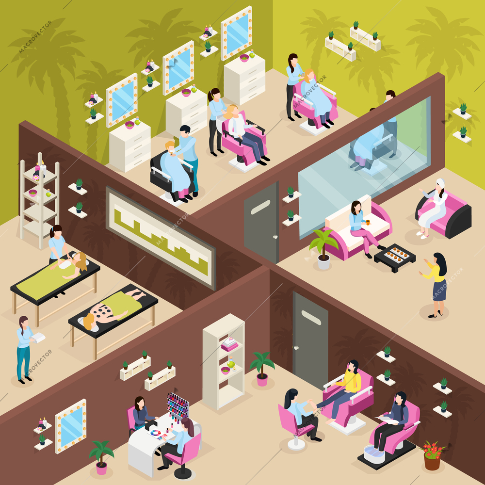 Beauty center with massage procedures barber shop manicure and pedicure rest zone isometric composition vector illustration