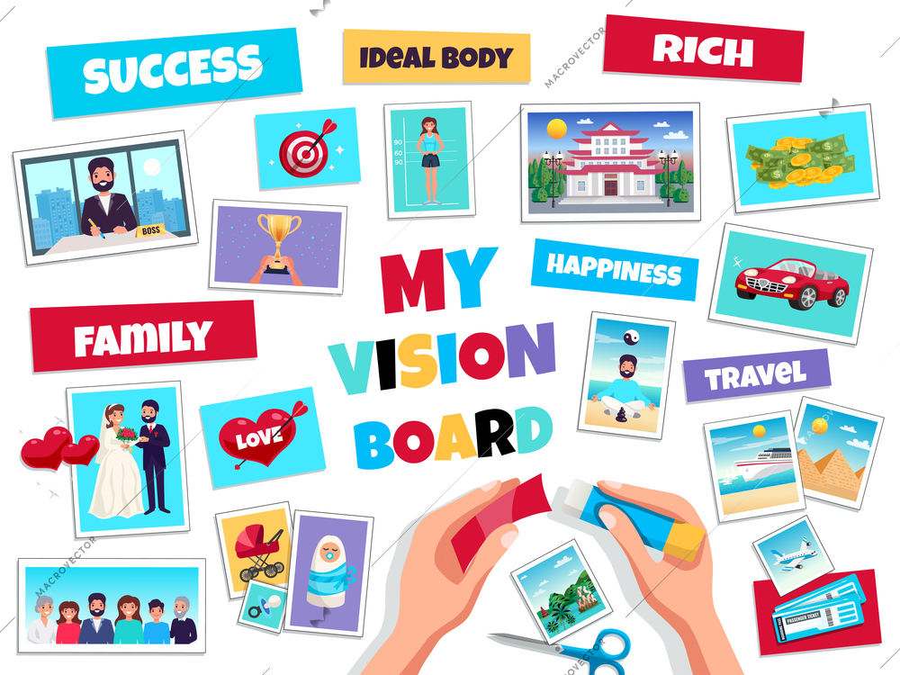 Dreams vision board concept with success and travel symbols flat isolated vector illustration