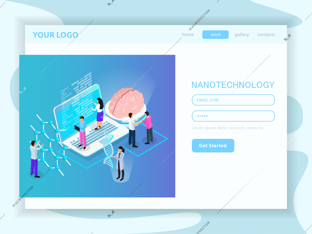 Nano technology development  web landing page with user account and buttons menu isometric vector illustration