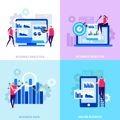 Business analytics commercial objectives online information and data processing flat design concept isolated vector illustration