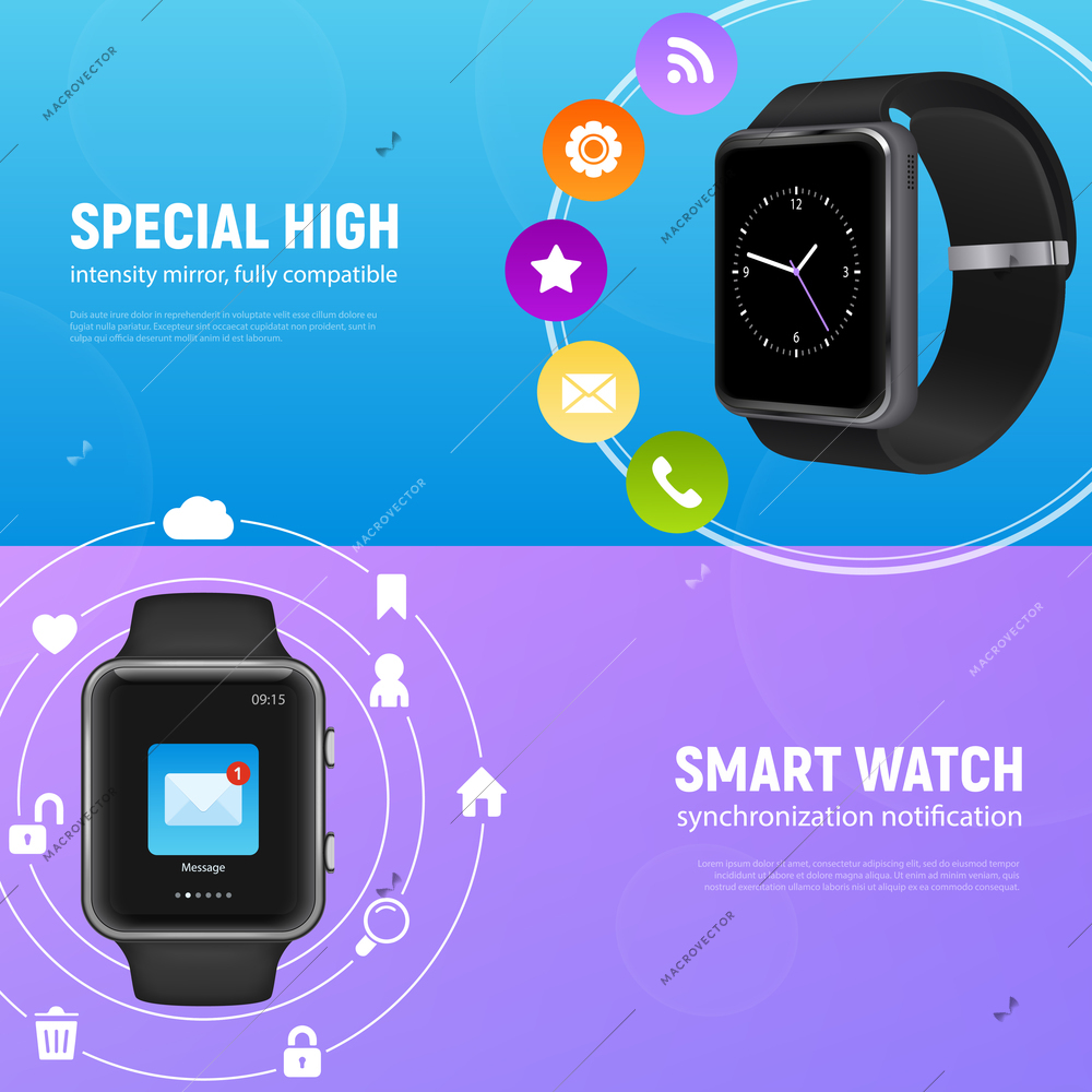 Two horizontal realistic smart watch banner set with special high and smart watch descriptions vector illustration