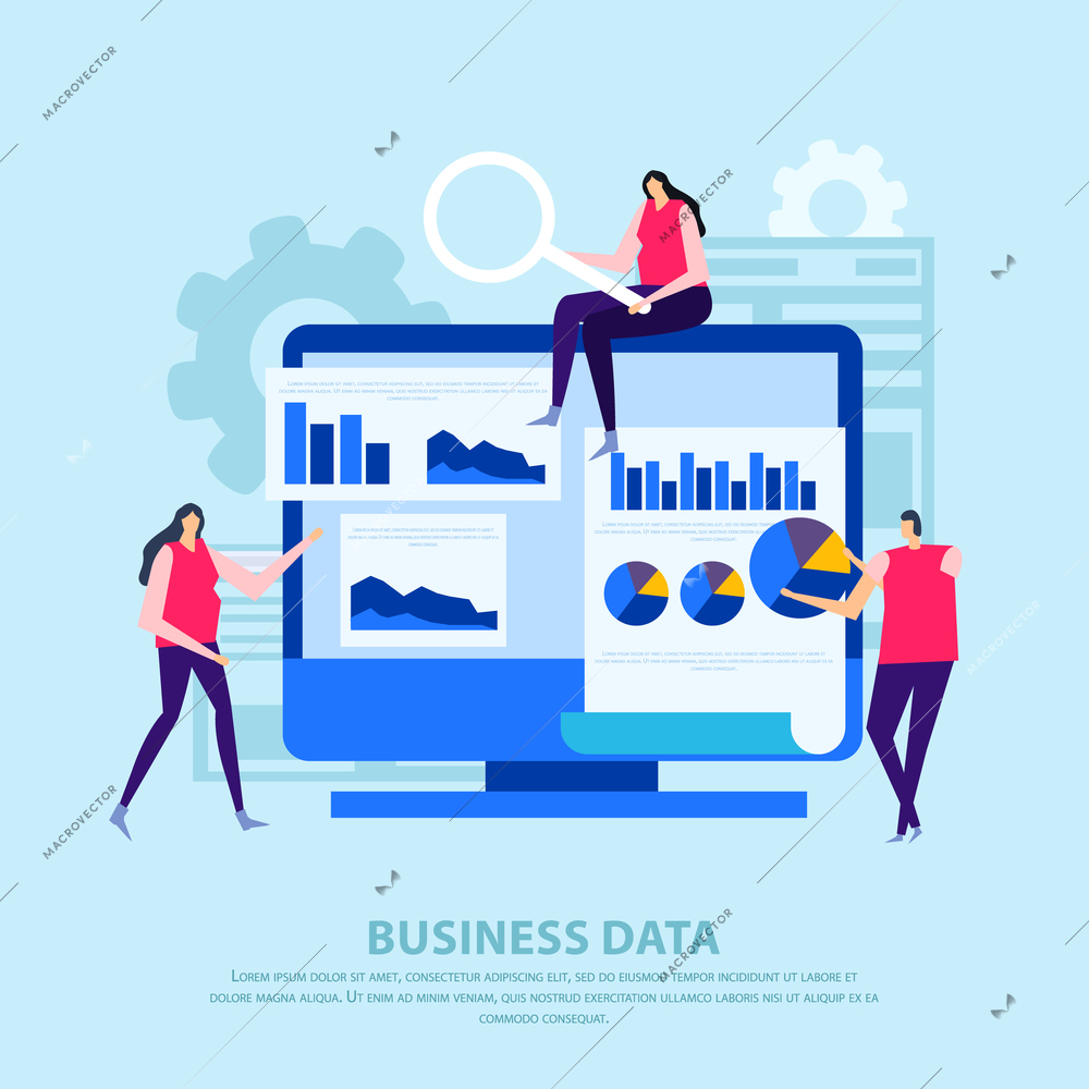 Search and processing of business data flat composition with charts on computer screen blue background vector illustration