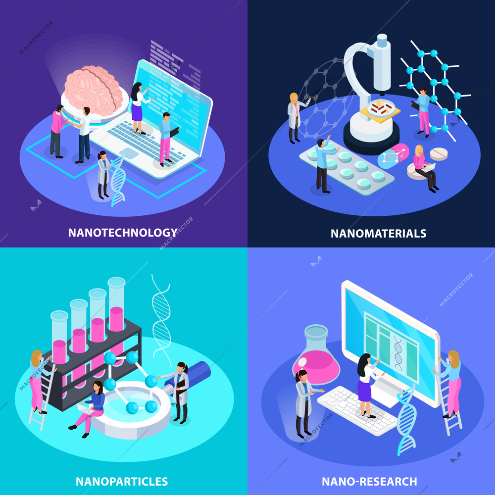 Nano technology isometric design concept with research for creation of innovative particles and materials isolated vector illustration