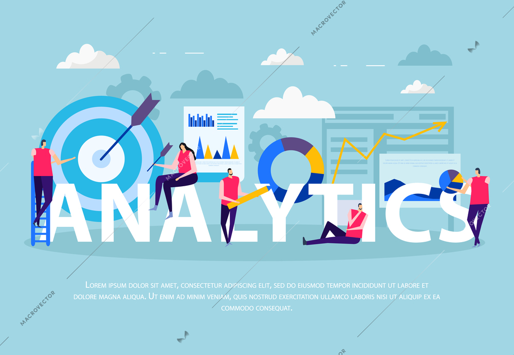 Business analytics flat composition human characters during data work infographic elements on blue background vector illustration