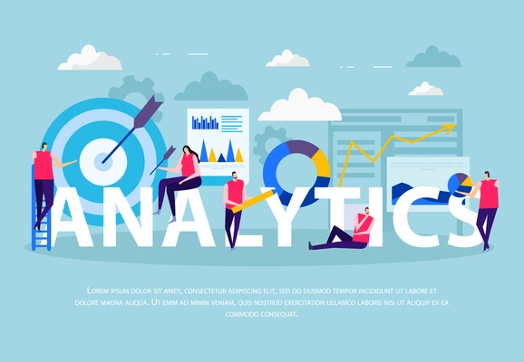 Business analytics flat composition human characters during data work infographic elements on blue background vector illustration