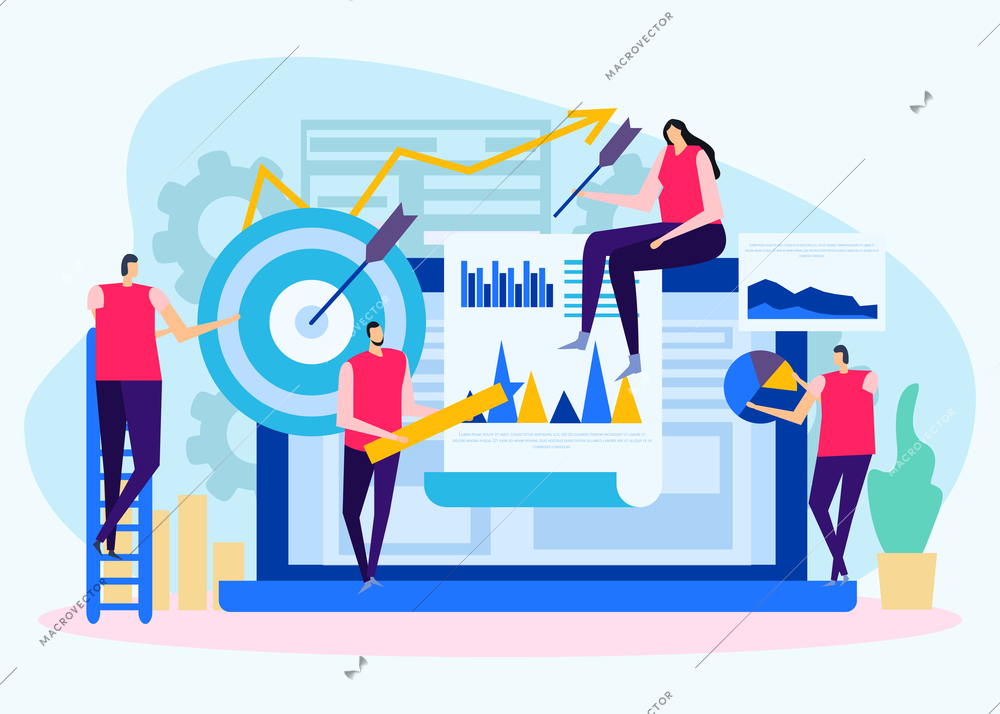 Analysis of business objectives flat background with human characters target with arrow and charts vector illustration