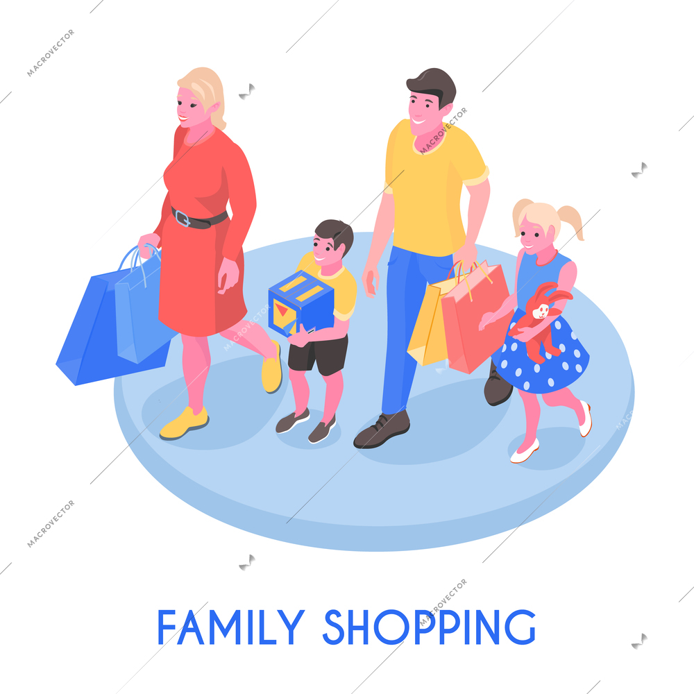 Happy family couple and kids walking with purchases isometric composition on white background vector illustration