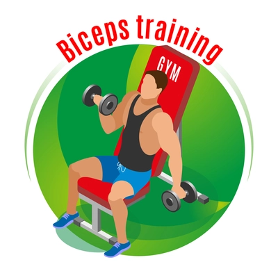 Athlete with dumbbells on sport bench during biceps training on green round background isometric vector illustration