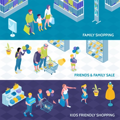 Horizontal isometric banners of family shopping with kids and friends on blue white background isolated vector illustration