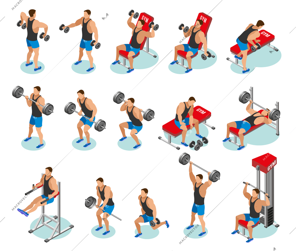 Body building isometric icons with athletes during workout with weights and on exercise equipment isolated vector illustration