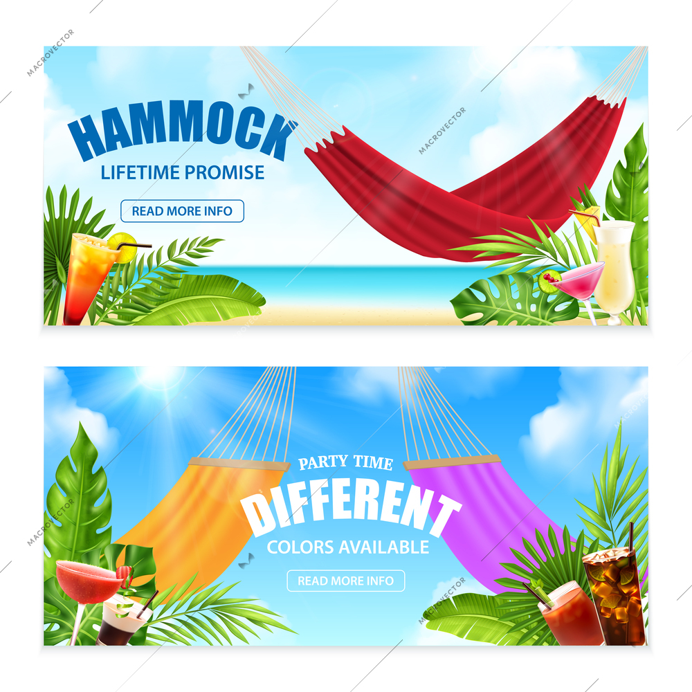 Two horizontal realistic hammock tropical banner set with lifetime promise and party time different colors available descriptions vector illustration