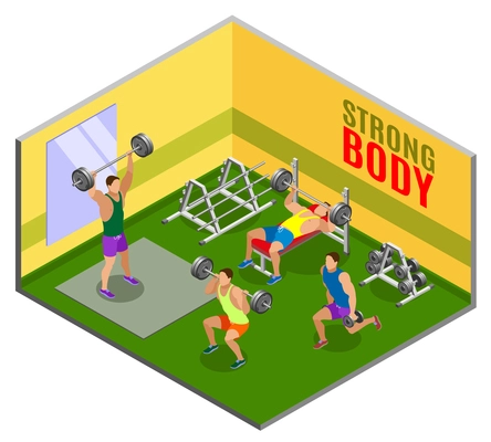 Athletes with weight equipment during body building workout in gym isometric composition vector illustration