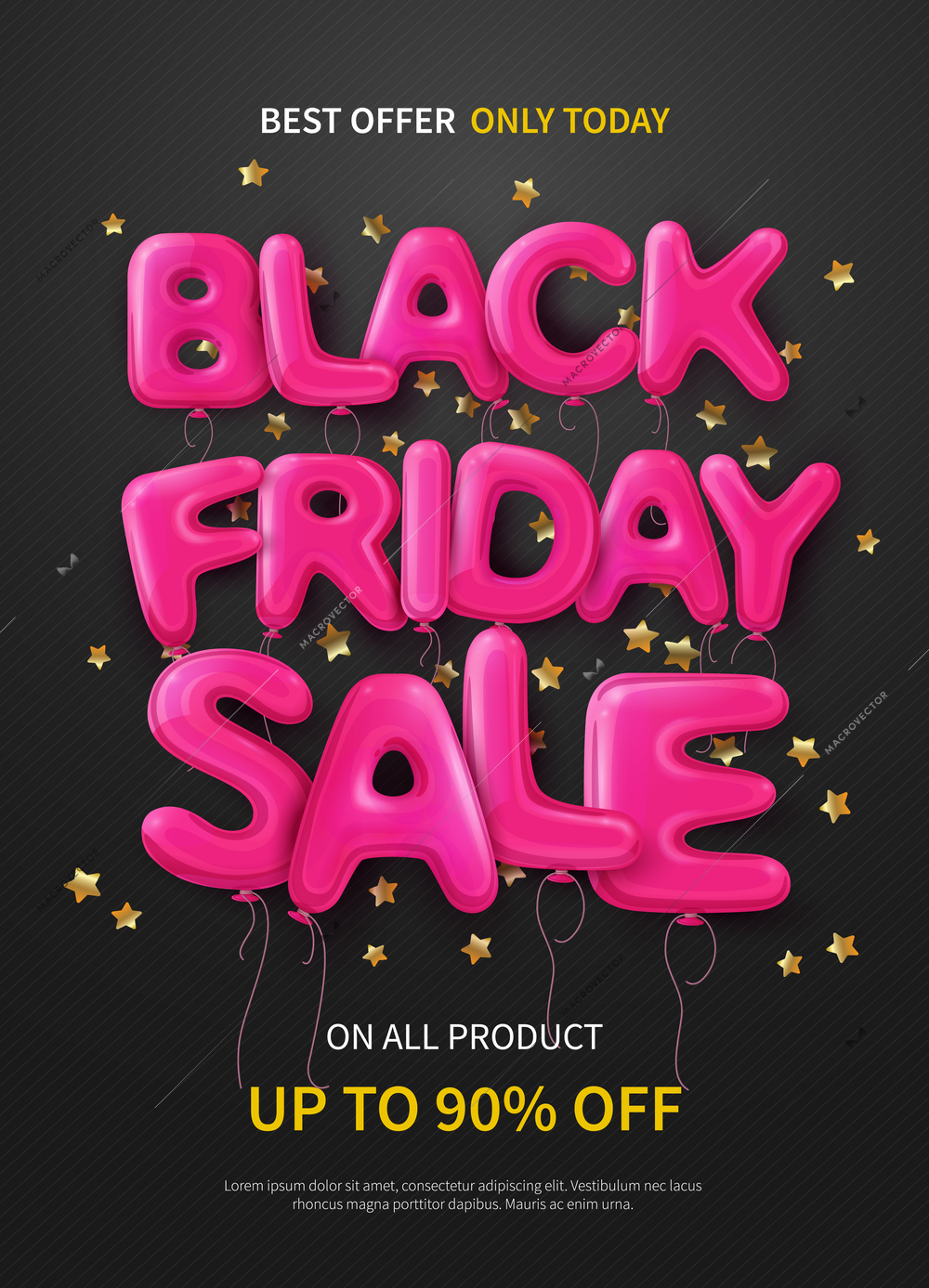 Dark poster with pink balloons forming text black friday sale flat vector illustration