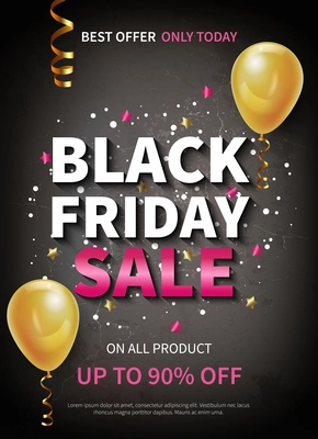 Realistic black friday sale poster decorated with balloons and confetti vector illustration